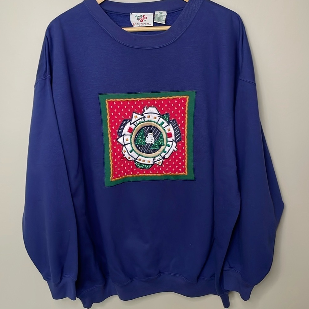 NUTCRACKER Womens 22W Navy Blue Holiday Patchwork Cottage‎ Sweatshirt Vintage